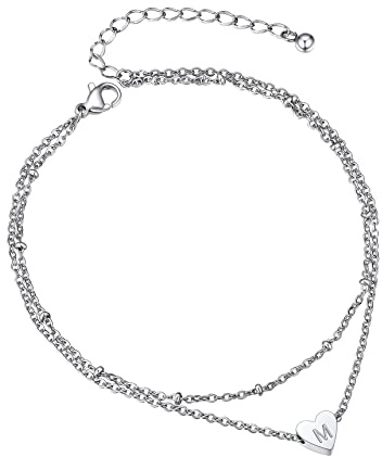 Bestyle Fußkettchen für Damen Edelstahl Doppelte Fußkette Sommer Fußband 26 Buchstaben Anklet for Women Silber M