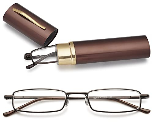 MAGIMODAC Herren Damen Lesebrille Anti Blaulicht Brille mit sehstärke Blaulichtfilter Metall Lesehilfe schmale Lesebrillen mit Stiftetui (1.5, Braun)
