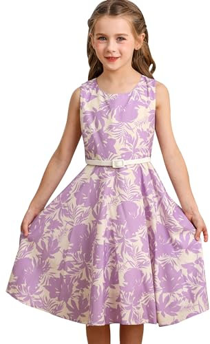 BONNY BILLY Vestito Bambina Elegante Cerimonia Festa Floreale Vintage Estivo Senza Maniche con Cintura 5-6 Anni Viola-1