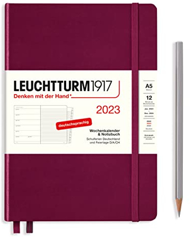 LEUCHTTURM1917 365666 Wochenkalender und Notizbuch Medium (A5) 2023, 12 Monate, Port Red