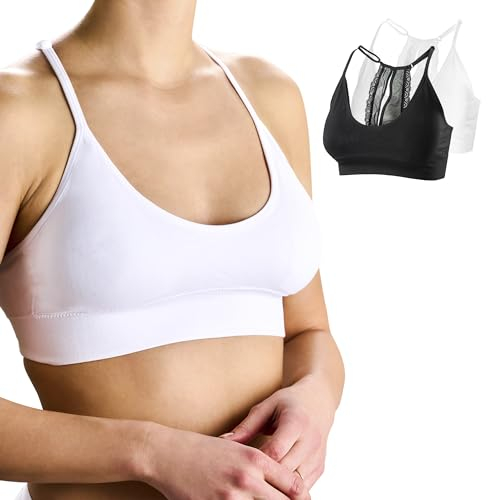 Basic Treasure 2er Pack BH Seamless Damen Ultra Komfort Bustier mit Spitze, Pads und Racerback, BH Ohne Bügel (L/XL, Schwarz/Weiß)