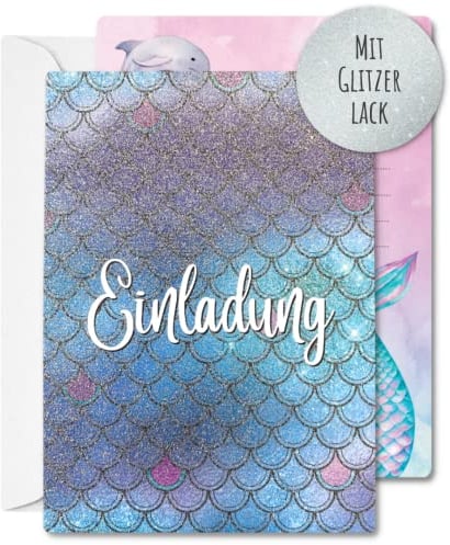 Generisch 12 x Einladungskarten Umschläge für Mädchen Kindergeburtstag – Süße Karten mit Meerjungfrauen-Motiv – Die Glitzerkarten sind die perfekte Einladung zur Geburtstagsfeier oder Kinderparty