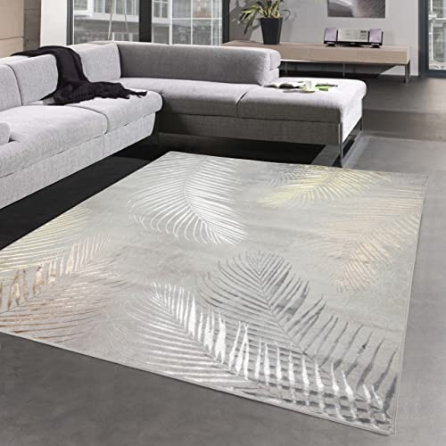 CARPETIA Teppich Rund Palmenzweige Grau Gold mit Glanzeffekt Ø 200 cm | Weich, pflegeleicht, langlebig und allergikerfreundlich, OEKO-TEX geprüft, für Fußbodenheizung, Wohn- & Gästezimmer
