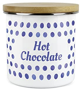 Purely Home Indigo Polka Dots Spots Hot Chocolate Canister - White Metal Enamel Kitchen Food Storage Container