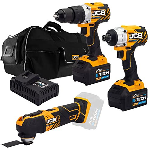 JCB 18V Brushless Cordless Combi Drill, Impact Driver & Multi Tool, 2X 5.0Ah Battery, Fast Charger, 26 Wheeled Power Tool Bag, 3 Year Warranty