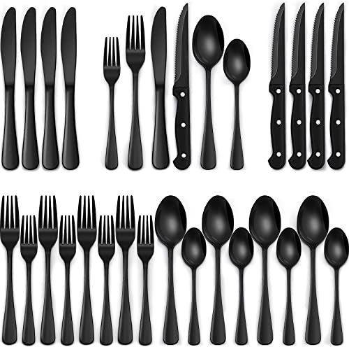Set da 24 pezzi Black Silverware con coltelli da bistecca, set piatto nero per 4, set per tableware in acciaio inox, finitura a specchio per il ristorante domestico