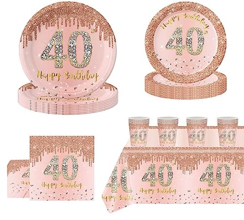 69Pcs Rose Gold 40th Birthday Party Tableware 16 Guests,40th Rose Gold Party Tableware Set are Crafted from High-quality Paper for Women Her Birthday Gifts Party Supplies Reusability Decorations