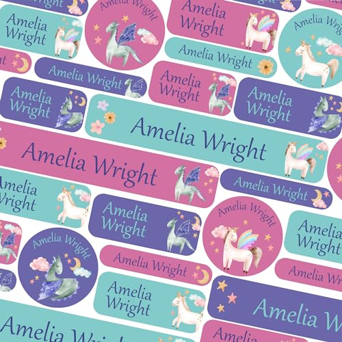 123 Name Labels for Kids No Iron Name Tags for Clothes Name Stickers for Water Bottles, School Uniform, School, Nursery, Care Homes, Washable and Dishwasher Safe for Children (Unicorns and Dragons)