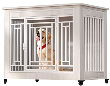 Furniture Style Dog Crate with Medium and Large Pet Trays, Wooden Crate End Tables, Heavy Duty Dog Crate Furniture for Medium Dogs with Door Locks，Wooden Dog Cage (L(43''W x 29''D x 38''H),White)