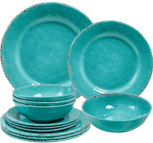 ZAROCRUS Farmhouse Melamine Plates and Bowls Set, Set of 4 BPA Free 100% Melamine 12 Piece Vintage Dishes Dinnerware Sets,Dishwasher Safe, Teal