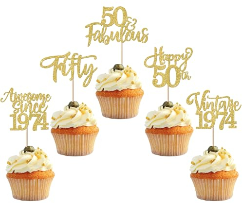 SYKYCTCY 30 Pack Happy 50th Birthday Cupcake Toppers Glitter Fifty Awesome Since 1976 Cupcake Picks 50 Fabulous Cake Decorations for 50th Birthday Wedding Anniversary Party Supplies Gold