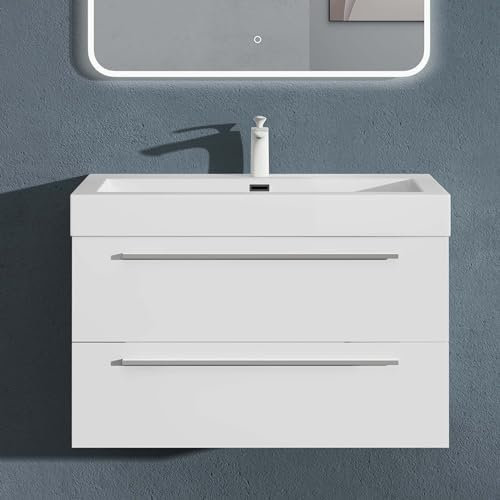 doporro Meuble de Salle de Bains Blanc Mat Ensemble de 2 Pièces Meuble Suspendu avec Lavabo 90 cm Design Quadratto