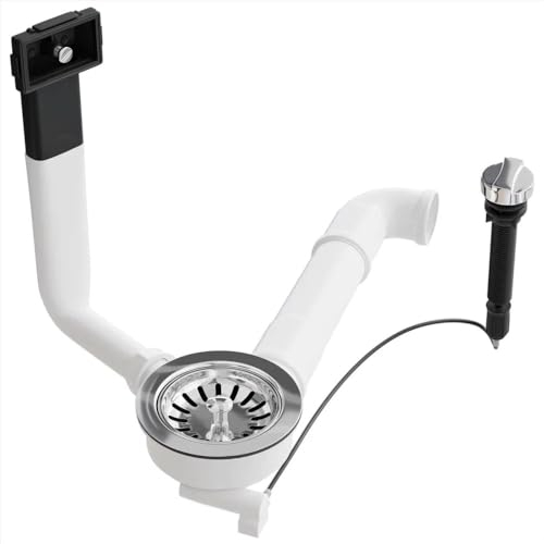Aquade Siebkorbventil 114mm - Siebkorb Spüle - Siphon Spüle - Sifon Spüle Set Für Küche - Spülbecken Abfluss - Modell: Bowdenzug + Raumschaffer + Standard Überlauf