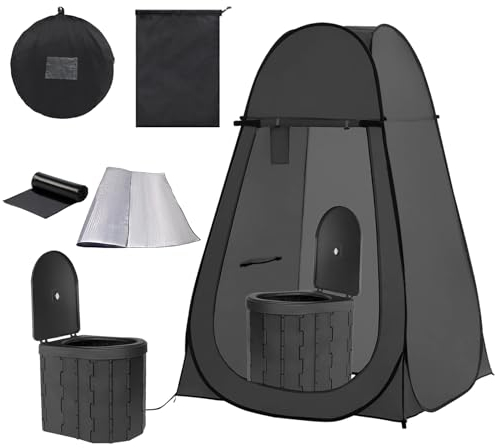 Portable Toilet and Privacy Tent for Adults, Pop Up Potty Tent Outdoor Portable Toilet for Camping with 15 Toilet Bags, Mat, Pop-up Tent for Toilet, Travel, Changing (Black)