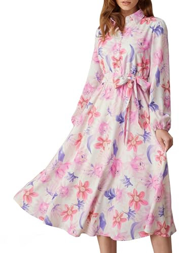 GRACE KARIN Women's Autumn A Line Midi Dress Casual Lantern Sleeve High Waist Dress Floral Dress with Belt White-Purple Red Flowers L
