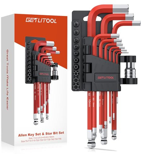 GETLITOOL 20tlg Innensechskant mit Torx Bit Satz, S2-Stahl Innensechskantschlüssel Kugelkopf 1,5mm-10mm & Torx Bit Set T8-T50 mit Adapter in Klapphalter, tragen und ordentlich Winkelschlüsselsatz