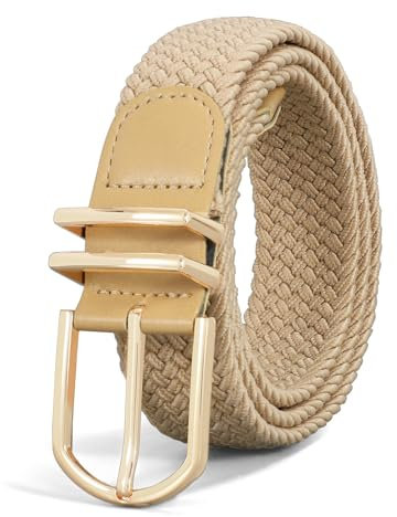 VONMELLI Damen Gürtel Stretchgürtel Damen Herren Elastischer Stoffgürtel Geflochtener Verstellbarer Flechtgürtel mit Goldschnalle für Jeans Hosen Shorts Kleid Khaki M