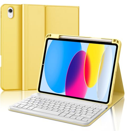 IVEOPPE Hülle mit Tastatur für iPad A16 11 Generation 2025/10 Generation 2022, Bluetooth Magnetische Tastatur für iPad 11./10. Gen (11/10.9 Zoll), QWERTZ Layout Keyboard, Gelb