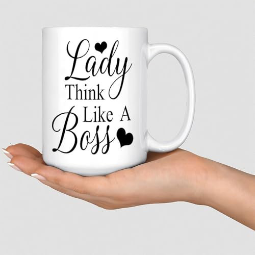 Tasse à café humoristique en céramique brillante « Lady Think Like A Boss » - Cadeau pour maman, frère, enfants, grands-parents - 425 ml - Blanc