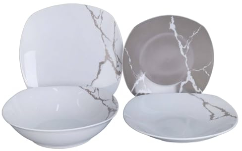 Service de vaisselle 19 pièces pour 6 personnes | Porcelaine blanche et taupe durable design moderne marbré élégant | usage quotidien, occasions spéciales, lavable au lave-vaisselle