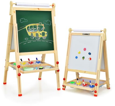 HOMASIS Kindertafel aus Kiefernholz, Staffelei für Kinder mit doppelseitiger Tafel und Papierrolle, faltbare Staffelei mit verstellbarer Höhe für Kinder ab 3 Jahren