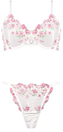 Satohom Femme 2 Pièces Ensemble Lingerie Broderie Florale Sexy Push Up Soutien Gorge avec Armature et Culotte Transparente Maille Grande Taille Érotique sous Vetements Dentelle Nuisette,S-XL