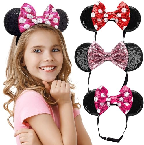 Minnie Ears Headbands with Shiny Sequin Bow (3PCS) - Mouse Ears For Girls and Women - Elastic Adjustable Headband Headache Free, Full Glitter