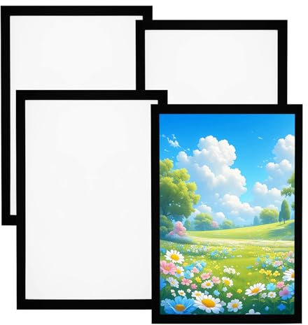 QHSXMQ Ensemble De Cadres Magnétiques A4, 4 Pièces Cadre A4 En Noir, Cadre Photo Magnetique En PVC, Cadre A4 Aimanté Givré, Mural Porte Affiche Magnétique Pour Photographies, Illustrations, Documents