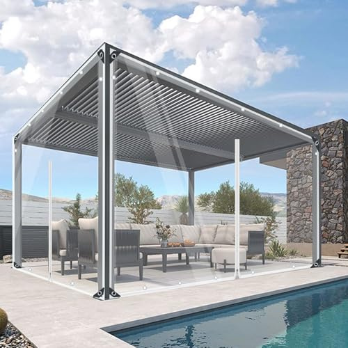Telone trasparente 420 g/m², in PVC trasparente, con occhielli e chiusura lampo, impermeabile, protezione dal vento, per gazebo, baldacchino, balcone e terrazza (2 x 2 m)