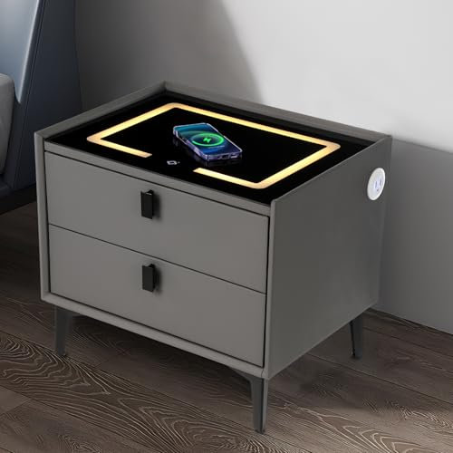 Oyajia Smart Bedside Table with Wireless Charging, Nightstand with LED Light, 2 Drawers Nightstand, LED Bedside Table for Living Room/Bedroom, Grey.