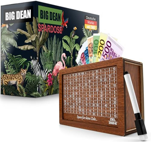 BigDean Spardose aus Holz mit Ziel 2000€ – fertig montiert,Wiederverwendbar Holzspardose mit Sparziel zum Ankreuzen