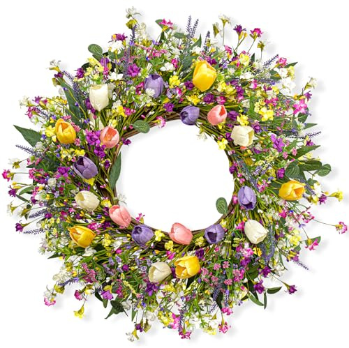 DIYFLORU 22 Inches Spring Wreaths for Front Door Rustic Summer Door Wreath Colorful Spring Floral Wreaths Farmhouse Summer Tulip Wreath for Window Front Porch Home Indoor Inside Outside Decoration