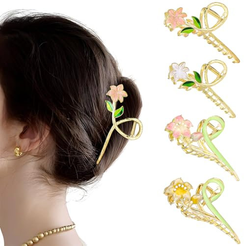 Huiguli 4 Pezzi Fermaglio Capelli Donna, Elegante Fermagli per Capelli Gardenia Lily, Antiscivolo Pinze per Capelli in Metallo per Donne Ragazze