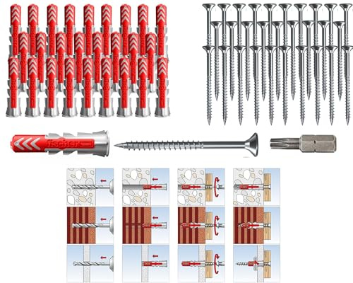 Fischer DUOPOWER DÜBEL mit SCHRAUBEN und BIT, Universaldübel, leistungsstarker 2K-Dübel, zur Befestigung in Beton, Ziegeln, Stein, Gipsbauplatten (10x50mm + 6,0x70mm Schrauben, 50, Stück)
