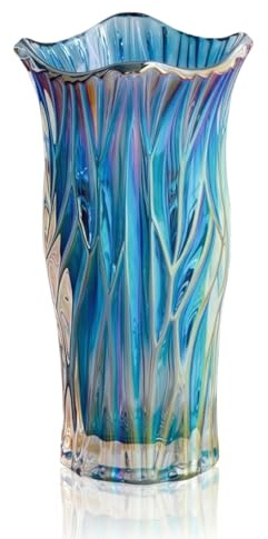 Glas-Blumenvase, groß, hoch, kristallfarbene Blumenvasen, bunte Blumenvase, Pflanzenbehälter, für den Esstisch zu Hause, Geschenk, Hochzeit, Einweihungsparty (buntes Blau)