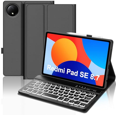 JADEMALL Coque Clavier pour Redmi Pad SE 8.7 2024, AZERTY Clavier Rétroéclairé Bluetooth Magnétique Détachable pour Xiaomi Redmi Pad SE 8.7, Noir