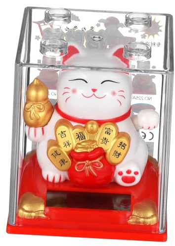 Winkende Katzenfigur aus Kunststoff, Solarbetrieben mit Beweglichem Arm | Niedliche Traditionelle Form, Weißes Design, für Armaturenbrett und Bücherregale, Symbolisiert Glück und Prosperität