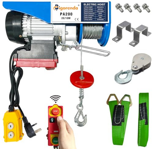 Bigorenda Winches Electric Hoist 200KG Wireless Remote Control/Wired Control 2 in 1, Electric Hoist Lift 20M/10M Lifting Height,Single/Double Sling,Emergency Stop Switch,for Factory Warehouse Garage