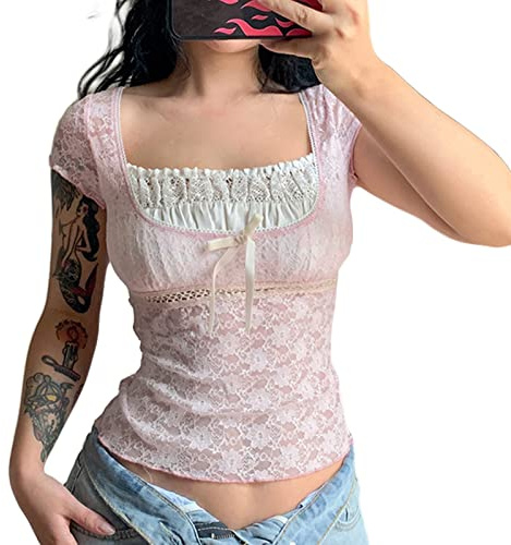 Womens Y2K Fairy Grunge Tops Sexy Lace Patchwork Square Neck Short Sleeve T-Shirt Vintage E-Girls Top Tees Beach Streetwear