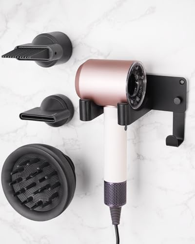 UEMUSI Föhn Halterung, Fönhalter Ohne Bohren für Haartrockner, Fönhalter Aluminum Föhnhalter Wand Ohne Bohren Schwarz Föhn Halterung Ohne Bohren für Badezimmer 3 Düsen Aufbewahrung Kabelmanagement