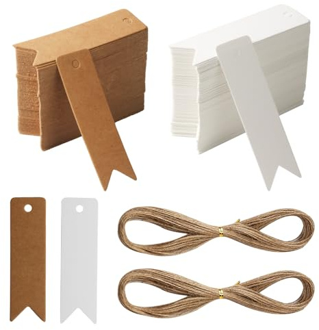 300 Geschenkanhänger Kraftpapier Etiketten Anhänger,Braun Weiß Kraftpapier Anhänger,Geschenkanhänger zum Beschriften,Blanko Karten zum Beschriften für Hochzeit Geschenkverpackung,mit 2 Jute Schnur