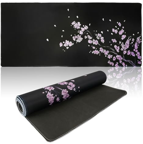 Gaming Mousepad XXL Schwarz, 900x400x3mm, Kirschblüten | Verdickt, Rutschfest, Japanischer Kirschbaum, Extended Large, Für Gaming, Büro, Homeoffice, PC, MacBook
