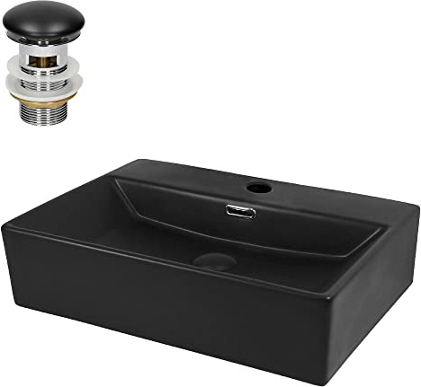 LuxeBath Waschbecken Keramik 515x360x130 mm eckig Schwarz mit Ablaufgarnitur Schwarz Aufsatzwaschbecken Badezimmer/Gäste-WC Hängewaschbecken Wandmontage Aufsatzbecken Waschtisch Waschschale Waschplatz