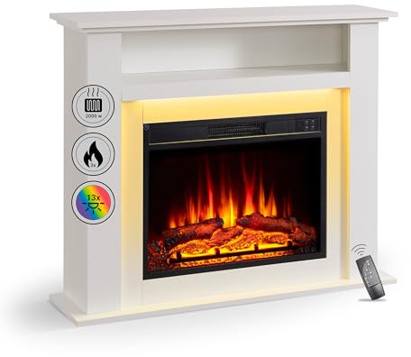 Elektrokamin BALDERIA Liora - Elektrischer Standkamin mit Ablagefach, 3D-Flammeneffekt, LED-Ambientebeleuchtung, Heizung 2000W, Timer, Thermostat, Fernbedienung - Liora Weiß