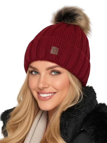 Baesics Bommelmütze Damen Herren - Wintermütze Kunstfell Bommel warm | Mit flauschigem Pompon und weichem Fleecefutter, Größe ca. 54-58 cm, Strick aus der EU. Warm für Herbst, Winter und als