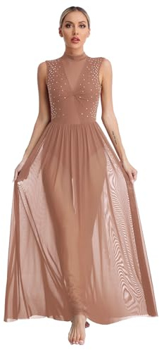 Yyuihri Robe Ballet Longue pour Femmes Robe Danse Lyrique avec Strass Scintillant Corps Danse sans Manches Col Montant en Tricot avec Jupe en Chiffon Jupe Maxi Tenue