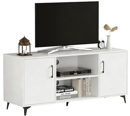 Rainbow Tree TV Cabinet 120cm Wooden for Living Room Bedroom, TV Stand Unit with 2 Doors & 2-Tier Shelf for Small Space Corner, Entertainment Media Center (White, 2 Door&2 Shelf: 120×38×53cm)