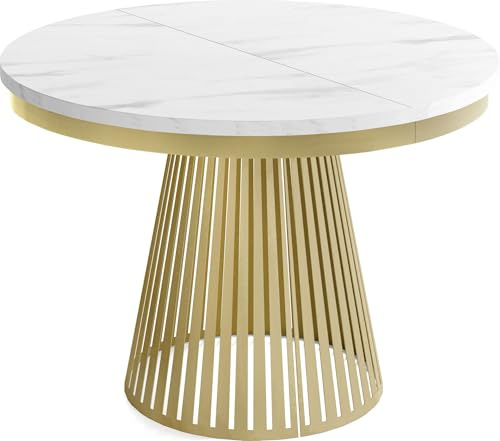 WFL GROUP Esstisch Rund Ausziehbar mit Lamellen im Loft-Stil – 120 bis 200 cm – Industrieller Tisch mit Metallbeinen in Gold, Platzsparend für Wohnzimmer oder Esszimmer – Marmor Weiß