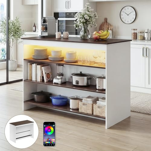 MoraRise Kitchen Island with Storage & LED Lights, Kitchen Cabinet Island with Breakfast Bar, 3 Open Storage Shelves & Footrest, Multifunctional Sideboard for Kitchen, Dining & Living Room (walnut)