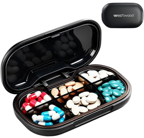 Tarqite Pillendose Klein, 6 Fächer Tablettenbox für Unterwegs, Mini Medikamentenbox, Feuchtigkeitsbeständige Tragbare Tablettendose mit Abnehmbare Trennwand für Medikamente,Vitamine, Fischöl (Schwarz)
